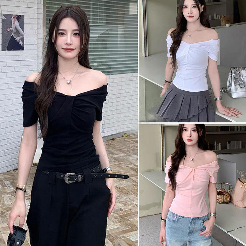 จัดส่งจากกรุงเทพเสื้อยืดแขนสั้นเปิดไหล่เซ็กซี่ผู้หญิงคอวีเสื้อครอปปาดไหล่ สีพื้น ผอมเพรียว เรียบหรูน่ารัก สาวอวบใส่ได – โปรปัง