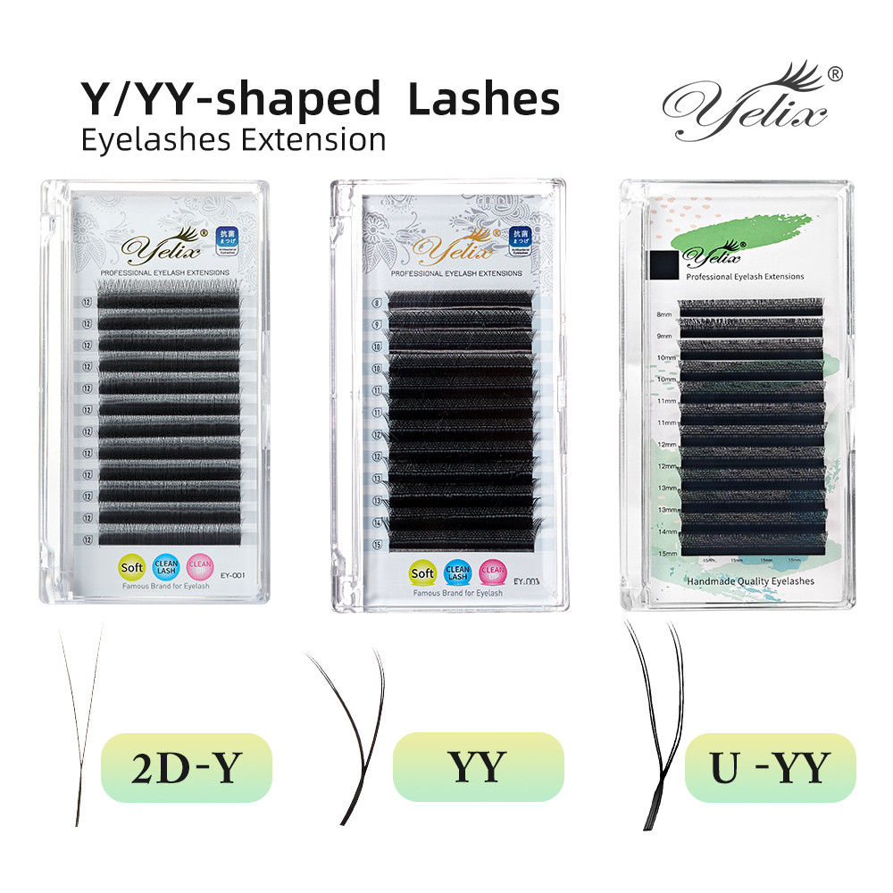 Yelix U รูปร่าง YY Lashes Extensions Single Double Tip 2D YY รูปร่างขนตาขนตาธรรมชาติ Premade แฟน Volume Lashes