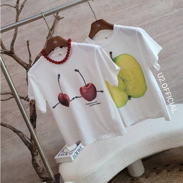 Lemon. U2 เสื้อยืดทรงสั้น งานพิมพ์ลายเชอรี่+แอปเปิ้ลเขียว