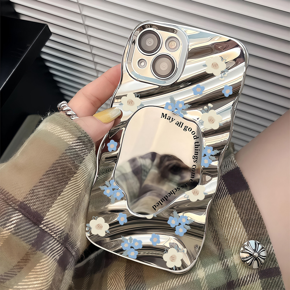 เคสโทรศัพท์กระจกเวฟ กราฟิตี้ดอกไม้สีฟ้าและครีมเรียบง่าย สด และน่ารักเต็มจอ For IPhone16 15 14 13 11 6 7 8plus Pro Promax