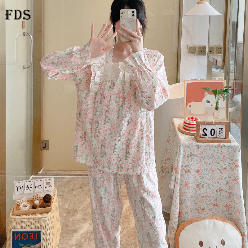FDS ฤดูใบไม้ผลิฤดูร้อนนุ่มกางเกงขายาวคอเหลี่ยมลูกไม้สไตล์เจ้าหญิงสาวหวานกางเกงขายาวแขนยาวชุดบริการบ้