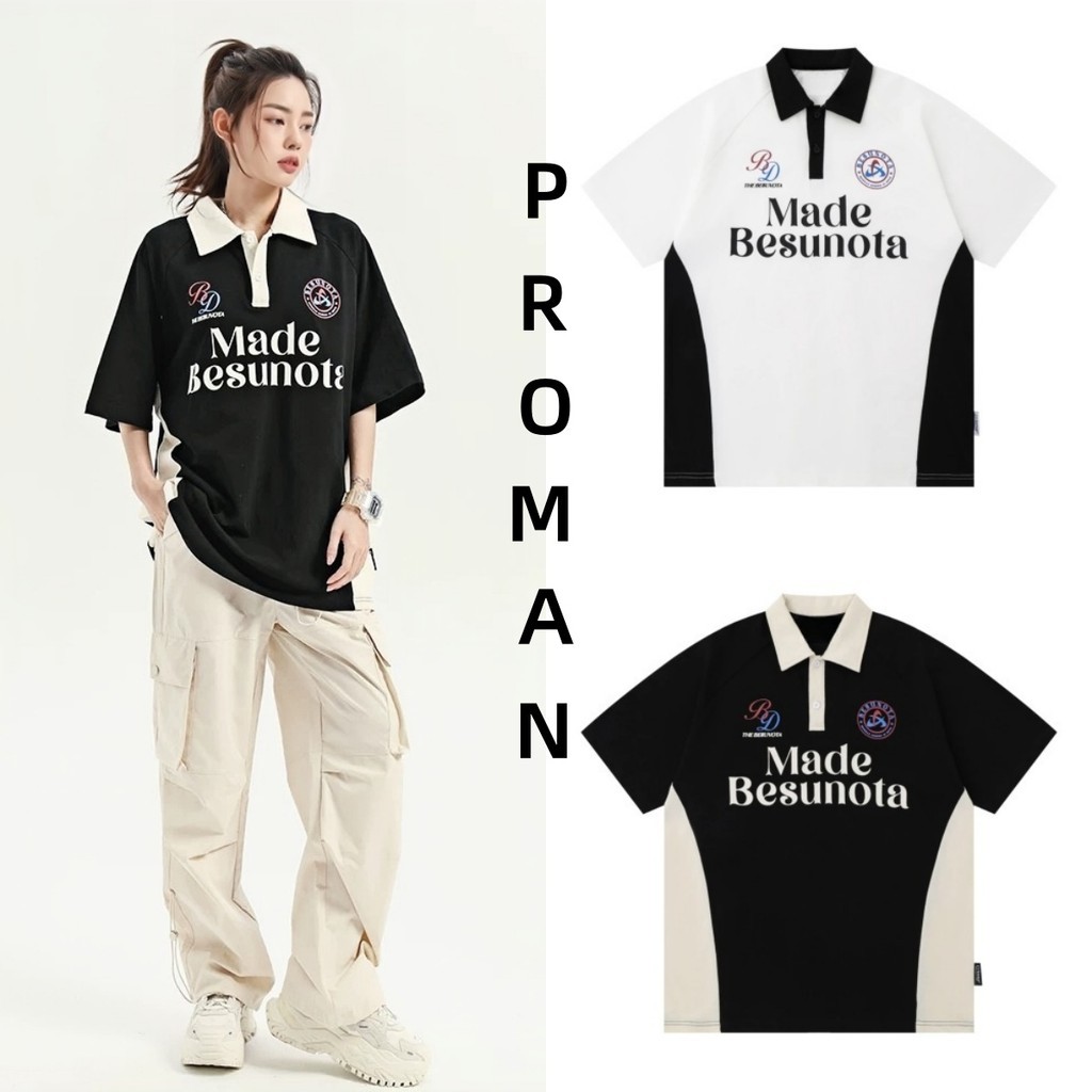 ⚡ProMan⚡เสื้อโปโลพิมพ์ลายตัวอักษรผู้ชาย  สไตล์อเมริกันวินเทจ  สีต่อ  ยอดนิยม  แบบหลวม