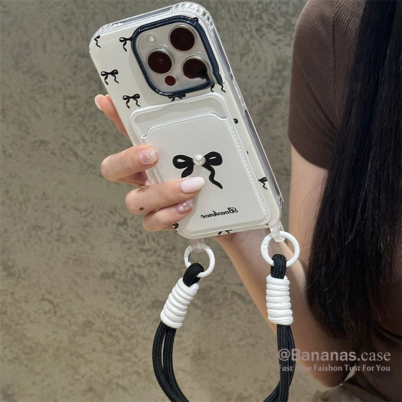 Iphone 16 15 14 13 12 11 Pro Max X Xr Xs Max 7 8 Plus SE2020 เคสโทรศัพท์Ins Black Bow + Lanyardฝาครอบโทรศัพท์แบบนุ่ม