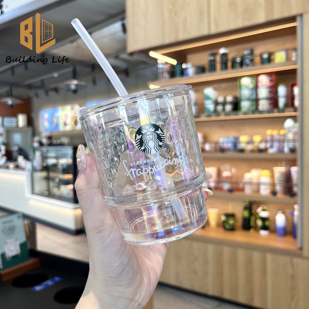 แก้วสตาร์บัคส์คัพพร้อมหลอดแก้วหนาสีสันสดใส แฟรปปูชิโน ถ้วยเชคเกอร์ถ้วยกาแฟนมถ้วยน้ํา 450มล
