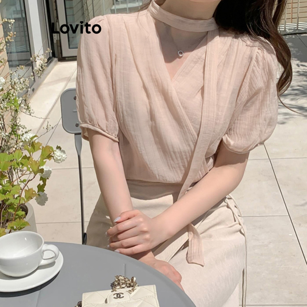 Lovito เสื้อเบลาส์ผู้หญิง ผูกเชือก สีพื้น สไตล์หรูหรา L91AD304