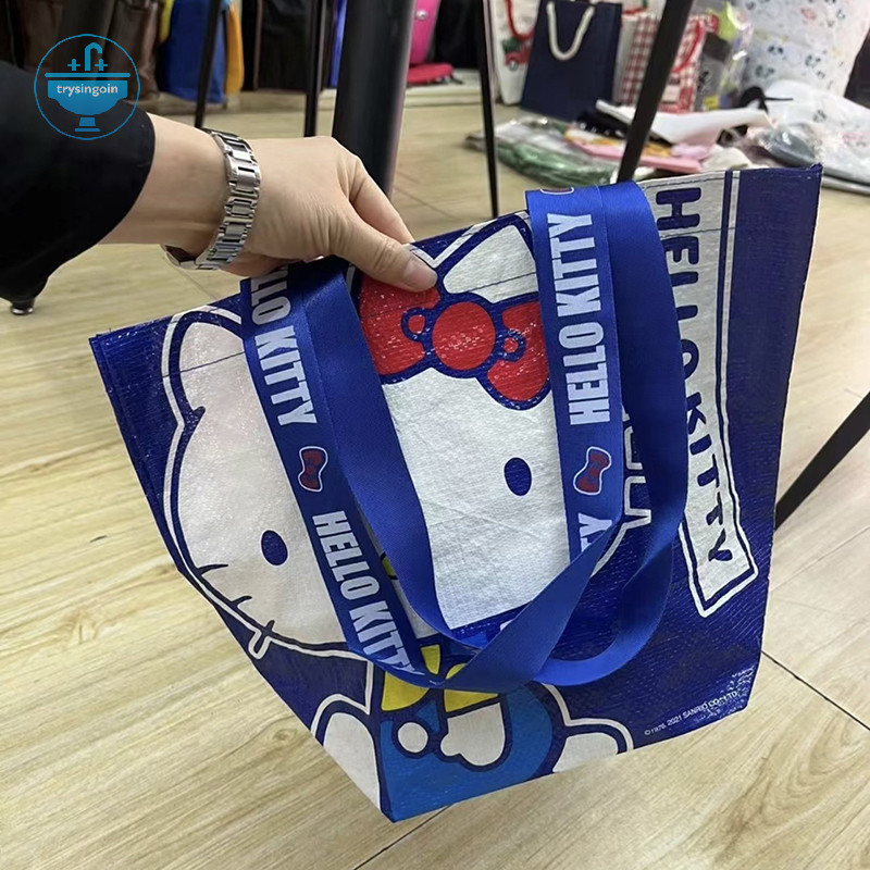 [trysingoin] Super Kawaii Blue Kittys พิมพ์ช้อปปิ้งกระเป๋าไนลอนเป็นมิตรกับสิ่งแวดล้อมกระเป๋าทอมือหนึ่งไหล่น่ารักและทนทานกระเป๋า TH