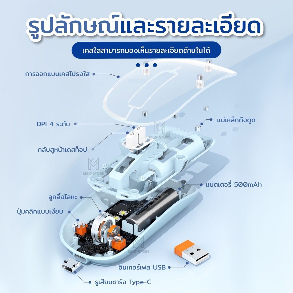 เมาส์ บลูทูธโปร่งใส ไร้สายแบบชาร์จไฟได้รองรัสามโหมดแบบใสระบบแม่เหล็กWireless เมาส์ไร้เสียงสำหรับเกมส์ PC ออฟฟิศ