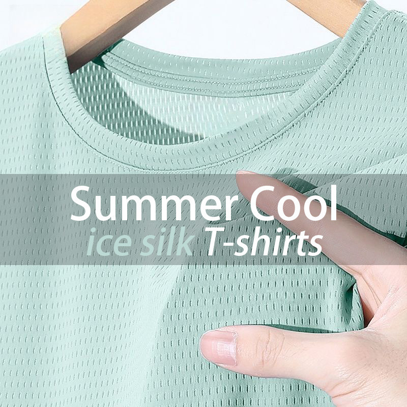 [8 สี] M-5XL ผ้าไหมน้ําแข็งผู้ชาย แห้งเร็ว สีทึบการฝึกอบรม/กีฬาหลวมตาข่ายเสื้อยืดฤดูร้อนเย็นแขนสั้นลําลอง