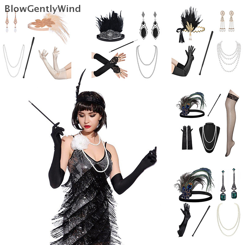 Blowgentlywind 1 ชุด 1920s Flapper คอสเพลย์เครื่องแต่งกาย Feather Pearl สร้อยคอสร้อยข้อมือถุงน่องถุงมือยาว Gatsby Masquerade อุปกรณ์เสริม BGW