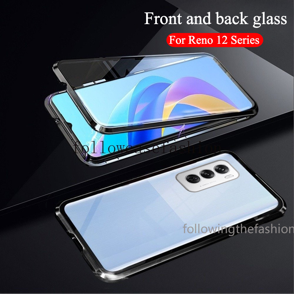 สําหรับ OPPO Reno 12 Pro 5G Reno12 12Pro 2024 เคสโทรศัพท์กรอบโลหะแม่เหล็กกระจกนิรภัยสองด้าน 360° ฝาครอบกันกระแทกแฟชั่นแบบแข็งป้องกันเต็มรูปแบบ