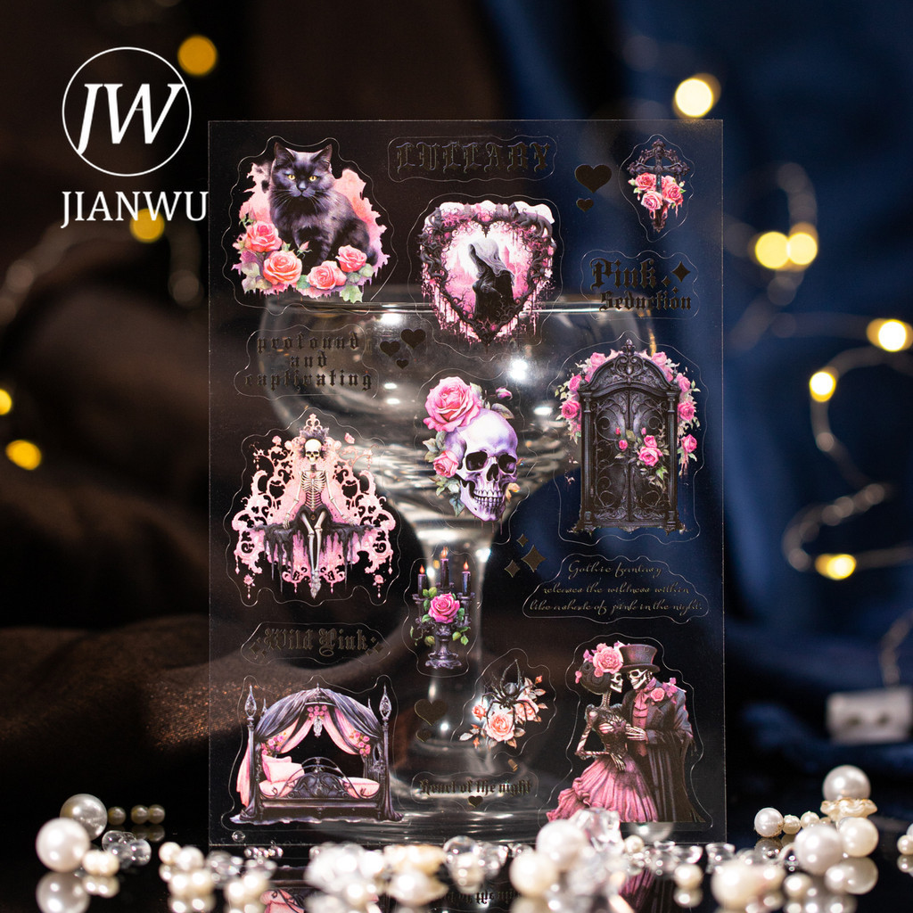 Jianwu Gothic Night Series Vintage Dark ตัวอักษรดอกไม้วัสดุ Collage PET สติกเกอร์ Creative DIY Journal เครื่องเขียน