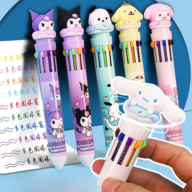 2pcs Sanrio กดสิบสีปากกาลูกลื่นการ์ตูน Kawaii Kuromi Melody Cinnamoroll Pochacco Multi-สีนักเรียนเจลปากกา Melody Sanrio เครื่องเขียนเขียนน่ารักปากกา