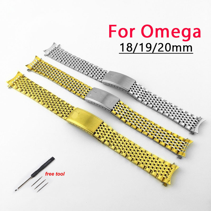 สแตนเลสสตีลนาฬิกา 18 มม.19 มม.20 มม.สําหรับ Omega Seamaster Speedmaster DeVille เก้าลูกปัดนาฬิกาผู้ชายผู้หญิงบางสร้อยข้อมือ
