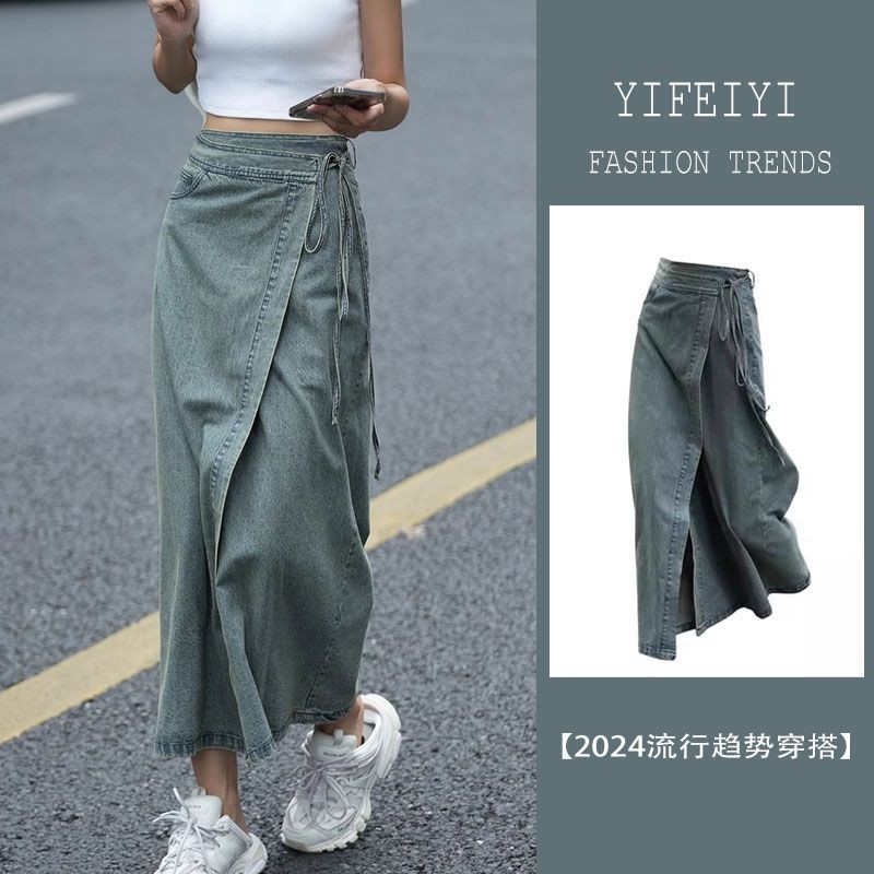 เอวสูง Laced-Up Chic Design Retro กระโปรง 2024 One Piece สไตล์ฮ่องกงล้าง Denim กระโปรงยาวผู้หญิง/7.22