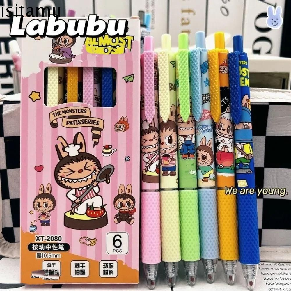 Isitaft 6PCS น่ารักกดปากกาเจล, Kawaii 0.5 มม. Labubu การเขียนปากกา, Creative Aesthetic ST Nib ดูดีปากกาหมึกสีดําโรงเรียน Office