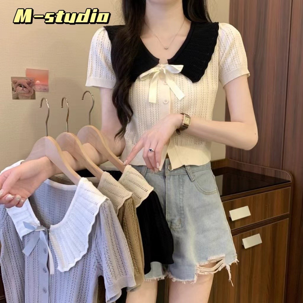 Maze⭐️พร้อมส่ง⭐️เสื้อคาร์ดิแกนถักแขนสั้นแต่งโบว์ระบายคอสุดหรูผ้านิ่มนุ่มสวมใส่สบาย(X029) ราคา ถูกที่สุด ดีลบีเคเค