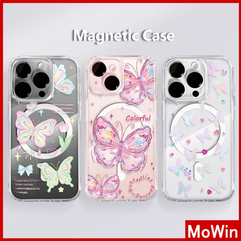 Mowin - สำหรับ iPhone 15 PRO MAX iPhone 11 กรณี Strong Magnetic อะคริลิคใสกระดานแข็ง TPU กรอบนุ่มกันกระแทก ผีเสื้อทาสี เข้ากันได้กับiPhone 14 13 12 Pro Max XR XS