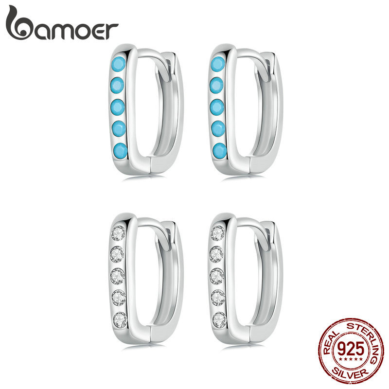 Bamoer 925 เงินสเตอร์ลิง Sliver Hoop ต่างหู Turquoise Design เครื่องประดับของขวัญสําหรับผู้หญิง