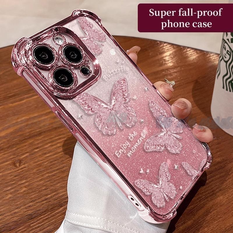 เคส OPPO Reno 14 13F 14F 15 15F 16 16F 13 12 เคส OPPO Reno 14 15 13 12 10 Pro 15 16 Pro Max 5G เคสเงาผีเสื้อกันกระแทกพร้อมเลนส์กล้องป้องกันโทรศัพท์ถุงลมนิรภัยหนากันกระแทกวัสดุไฟฟ้า