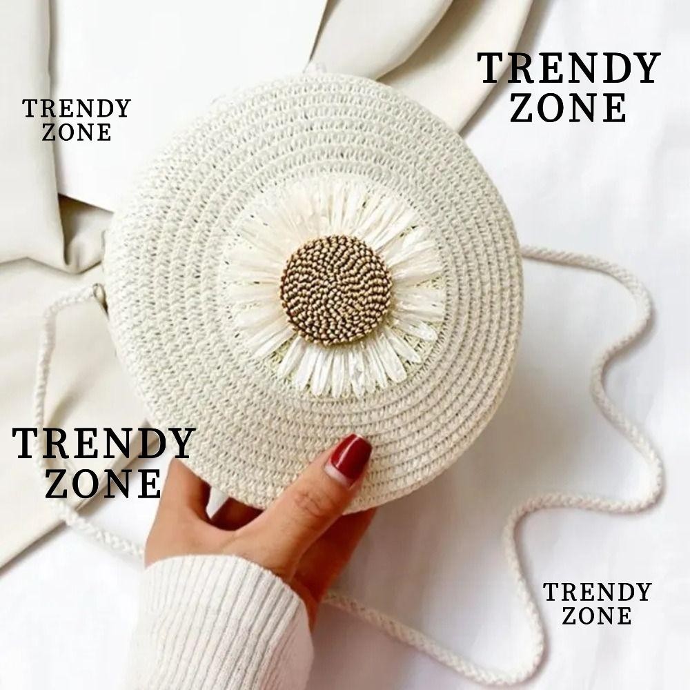 Trendyzone กระเป๋าฟางทรงกลม, ดอกไม้กราฟิกน้ําหนักเบาไหล่กระเป๋าชายหาด, แฟชั่นดอกไม้ตกแต่งมินิฟางกระเป๋าสะพายข้าง