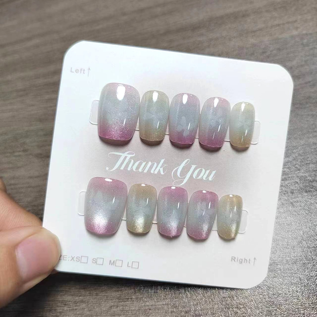 10pcs Cat Eye Handmade กดบนเล็บเล็บปลอมพร้อมสติกเกอร์กาว M281