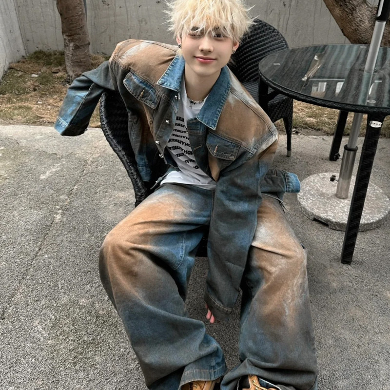 เป่าหลงซิน ผู้ชายชุดยีนส์ด้อยใหม่อเมริกันย้อนยุคแจ็คเก็ตยีนส์ระดับไฮเอนด์และกางเกงสําหรับฤดูใบไม้ร่วงและฤดูหนาว