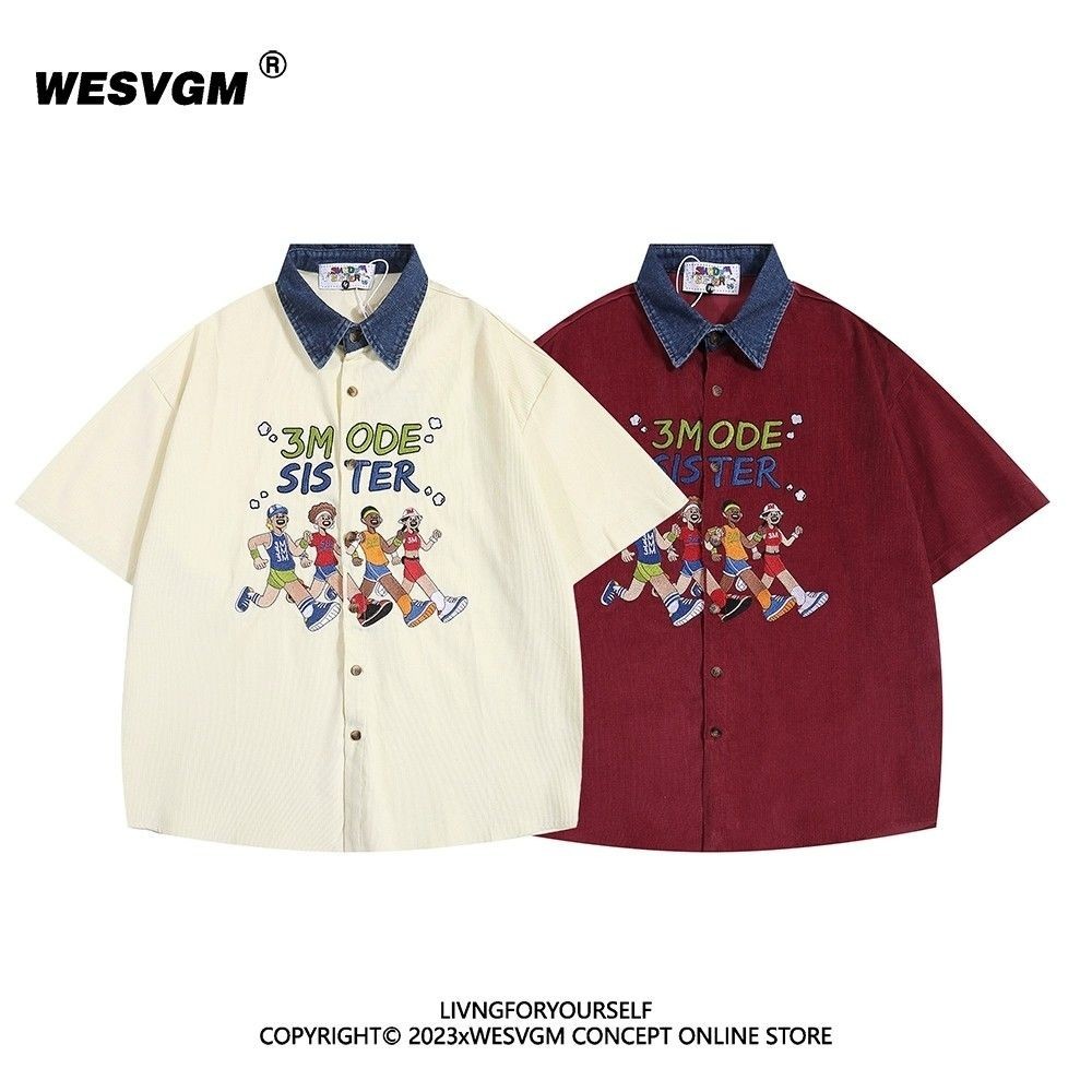 ฤดูร้อนอเมริกันย้อนยุคปักเย็บปะติดปะต่อกันแขนสั้นเสื้อผู้ชายและผู้หญิงหลวมแนวโน้มด้านบน