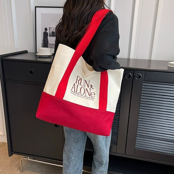 ifashionbag(IF2104) กระเป๋าผ้าแคนวาสสะพายไหล่ ใบใหญ่ มีช่องใส่ของด้านหน้าRUN