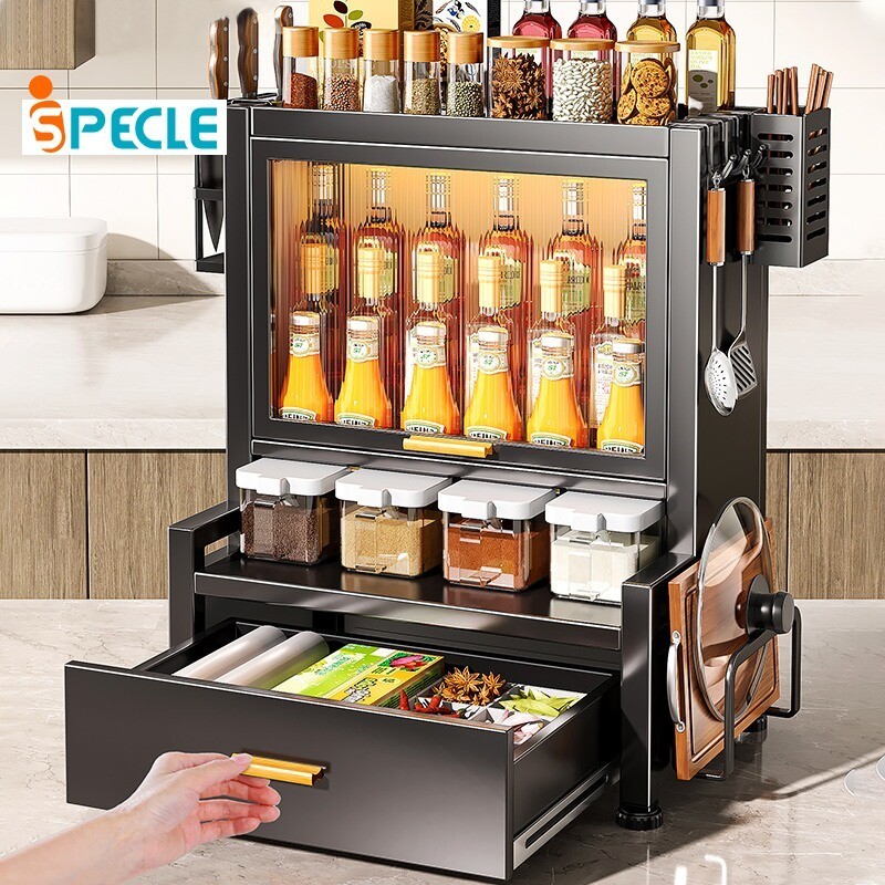iSPECLE【กันฝุ่นและแมลง】ชั้นวางเครื่องเทศ ฝาปิด ชั้นวางเครื่องปรุง แบบลิ้นชัก ชั้นวางกันสนิม พร้อมที่ใส่มีด ทีวางเขียง