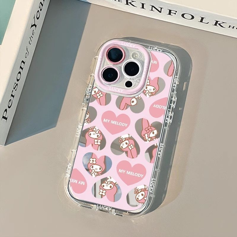 สีชมพูหัวใจรักเมโลดี้น่ารัก สร้อยข้อมือกระจกแต่งหน้า เคสIPhone 16 11 15 13 14 12 Pro Max 14 7 15 8 Plus XR X XS Max SE