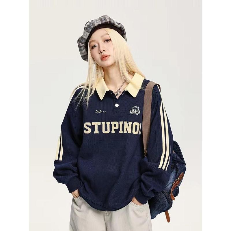 Dahong 💖  เสื้อสเวตเตอร์แขนยาวผู้หญิง เกาหลี คอปกโปโร   โอเวอร์ไซส์ ใสได้ทั้งชายทั้งหญิง สไตล์อเมริกัน 2648