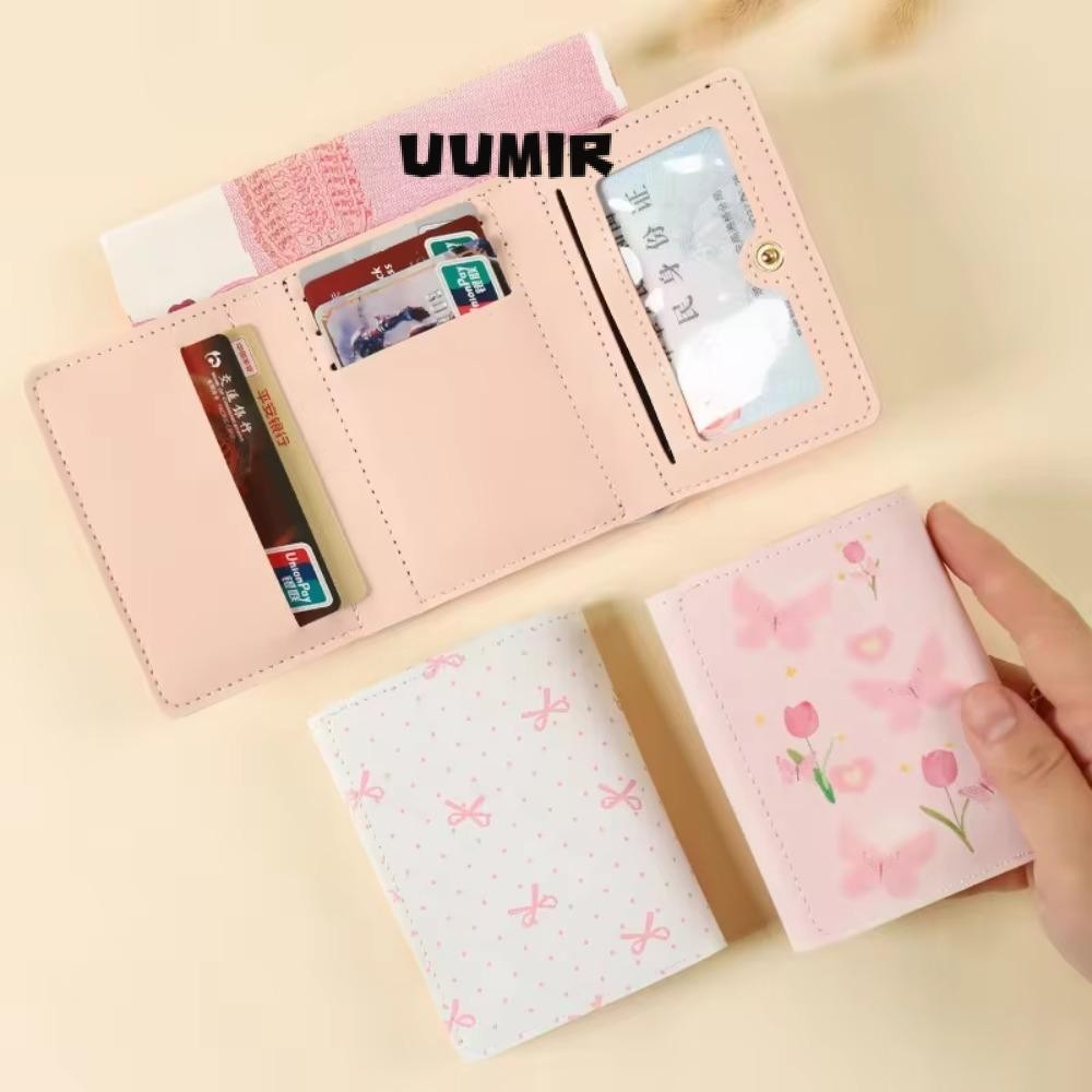 UUMIR กระเป๋าใส่เหรียญ,ดอกไม้โบว์หลายบัตรกระเป๋าสตางค์ผู้หญิง,สีชมพูหวานหนัง ปู่ การ์ดรูปถ่าย กระเป๋ากลางแจ้ง