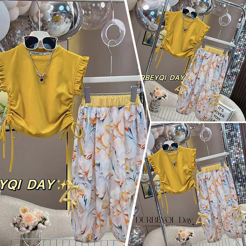 100-160ชุดฤดูร้อนใหม่เสื้อยืดแขนกุดเด็กต่างชาติเสื้อกล้ามชุดสองชิ้น ชุดเด็กผู้หญิง2ขวบ-8ขวบ