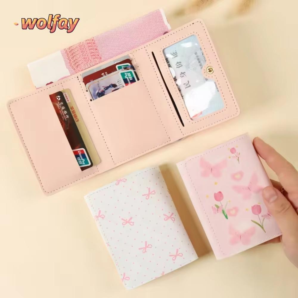 กระเป๋าสตางค์ผู้หญิง WOLFAY กระเป๋าใส่เหรียญหนัง PU สีชมพู โบว์ดอกไม้แบบพกพา Multi Card Photocard กระเป๋ากลางแจ้ง