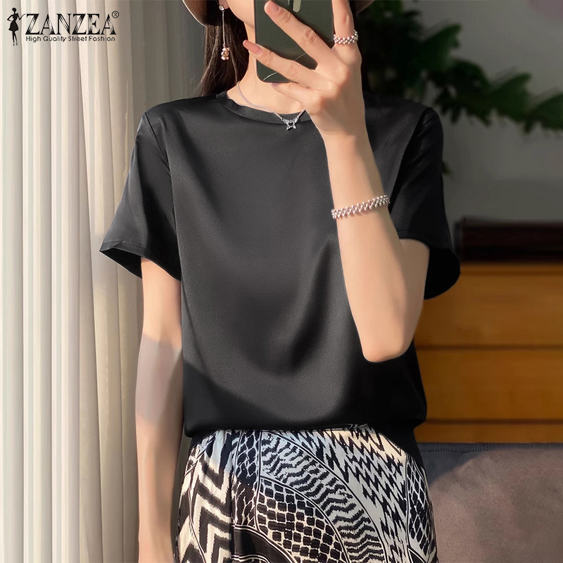 ZANZEA ซานเซีย ผู้หญิงเกาหลีคอกลมแขนสั้นหลวมสีทึบเสื้อ