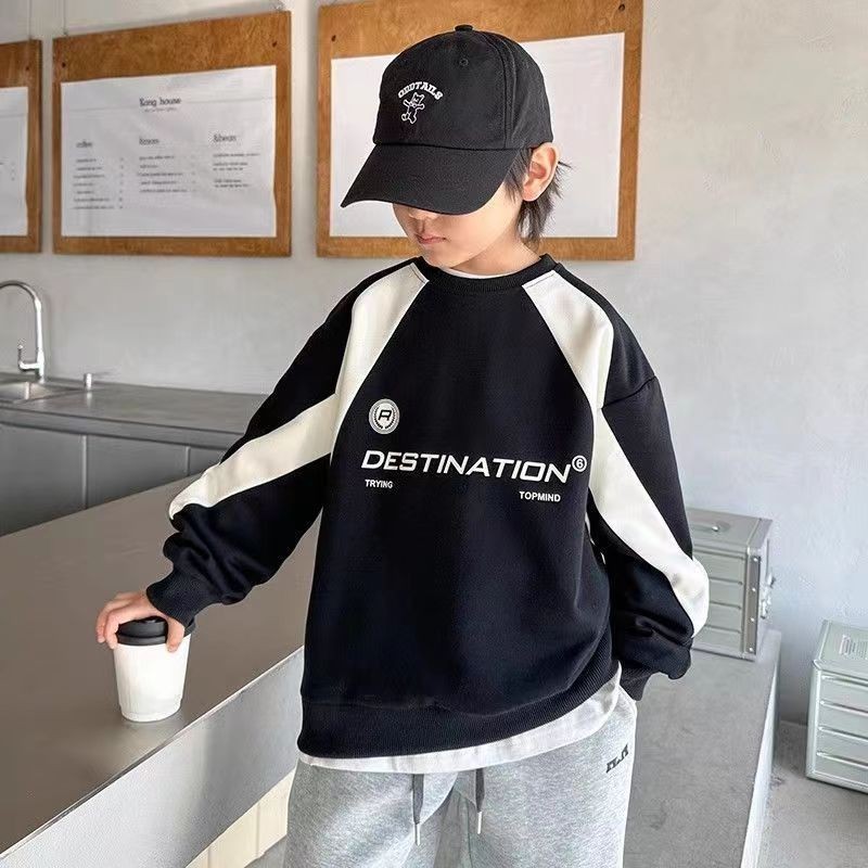 2024 เสื้อสเวตเตอร์เด็กผู้ชายสไตล์ใหม่คอกลมฤดูใบไม้ผลิฤดูใบไม้ร่วงสไตล์เด็กผู้ชายฤดูใบไม้ผลิสีตัดกัน