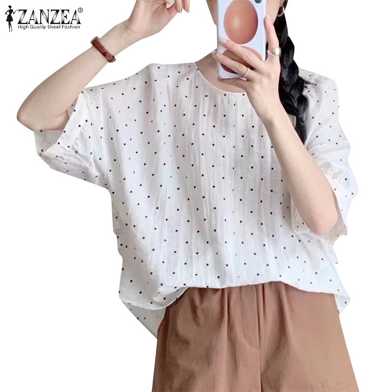 Zanzea เสื้อเบลาส์แขนสั้นลายจุดแฟชั่นเกาหลีสําหรับผู้หญิง
