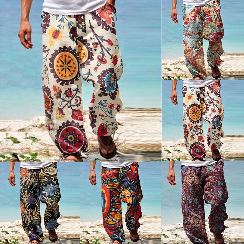 ⭐  BIG DISCOUNTS⭐ HOTMens Casual Baggy Haremกางเกงเอวยางยืดชายหาดหลวมขากว้างHippyกางเกงTRSBX-TH[ TRSBX-TH]