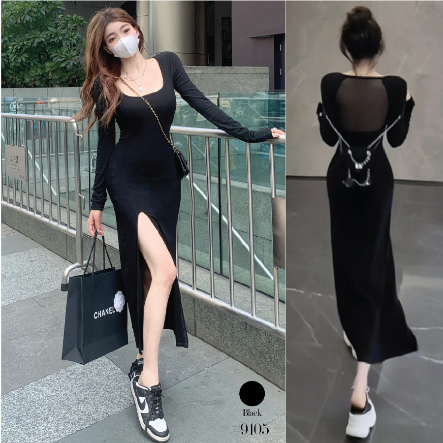 เดรสดำซีทรู โชว์หลังเซ็กซี่ กระโปรงผ่าข้าง เดรสใส่ไปเที่ยวกลางคืน เดรสไปผับ ลุคสวยหรูดูแพง #9105