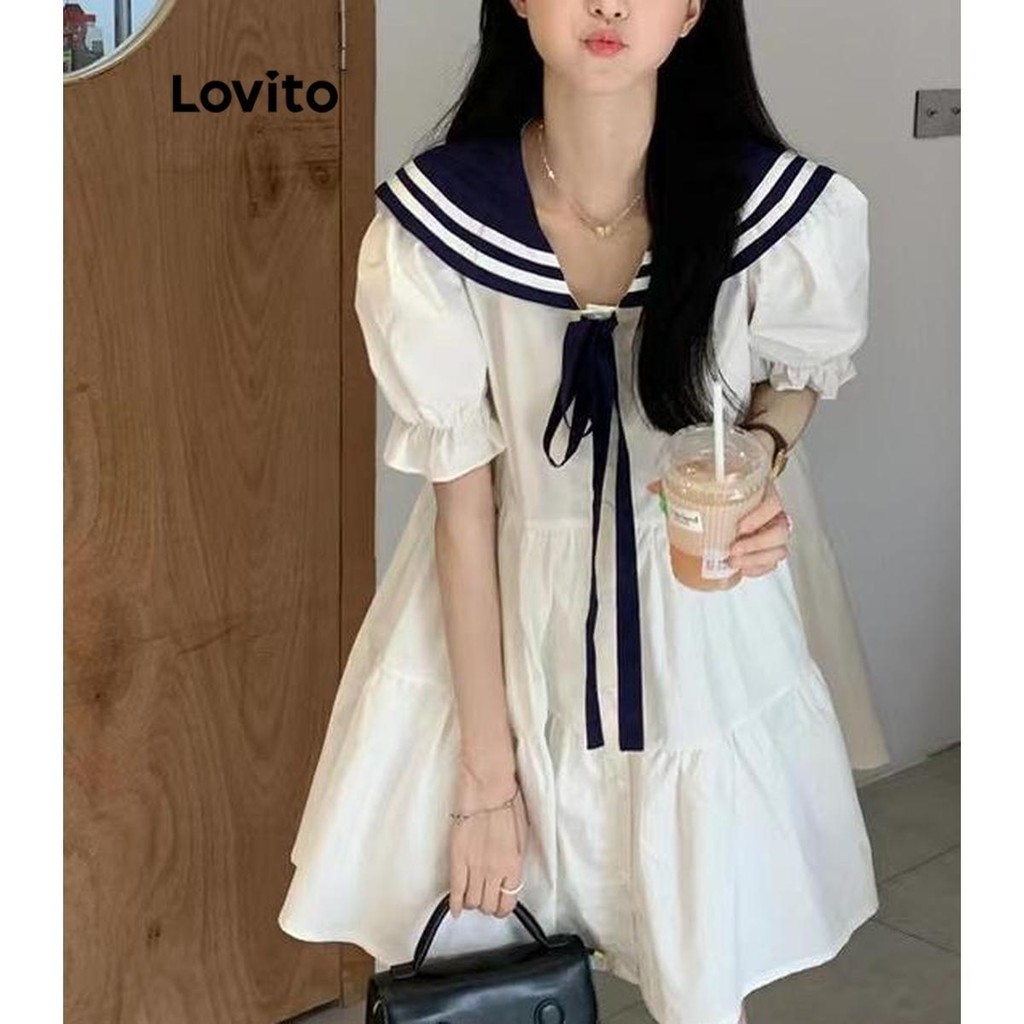 Lovito ชุดเดรสผู้หญิง มีสายผูก สีพื้น สไตล์ลำลอง LNA49134