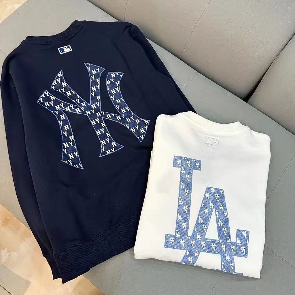 Street Wear NY สไตล์ฤดูใบไม้ร่วงใหม่ M * B ผ้าฝ้ายแท้ Presbyopic พิมพ์รอบคอหลวมผู้ชายผู้หญิงสบายๆคู่เสื้อแขนยาวป้าย + Tag