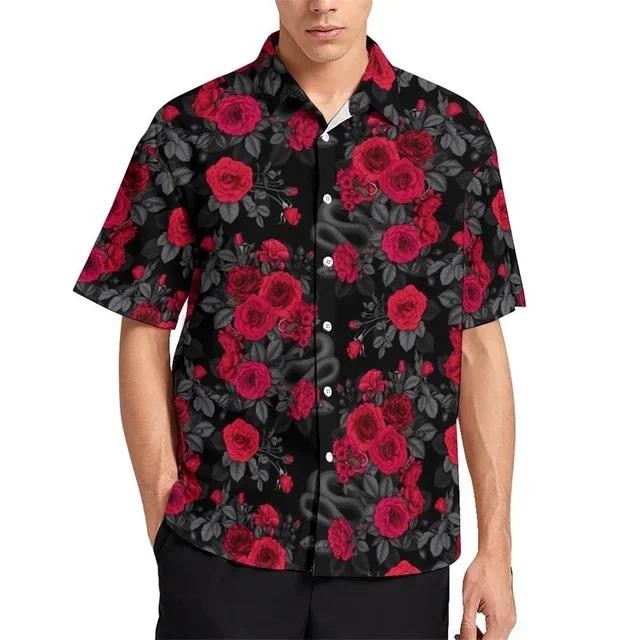 เสื้อเชิ้ตผู้ชาย 3D Rose Flower พิมพ์เสื้อลําลองแขนสั้นเสื้อฮาวายปุ่มเสื้อชายหาดสวมใส่ฤดูร้อนผู้ชายแขนสั้น