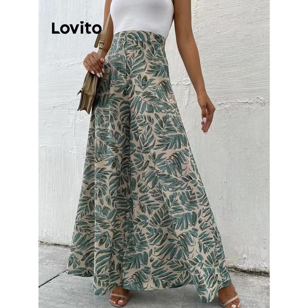 Lovito กางเกงขายาวผู้หญิง ลายทรอปิคอล มีซิป สไตล์ลำลอง LNL68135