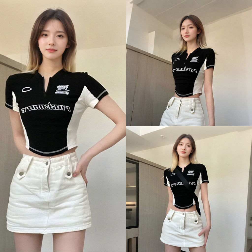 เสื้อยืดครอปกรีนอักษร สไตล์สปอร์ตที่ขายดีและใส่สบาย เสื้อครอปสั้นเอวลอยตัดขอบรอบตัว ทรงสลิมฟิตพร้อมส่ง