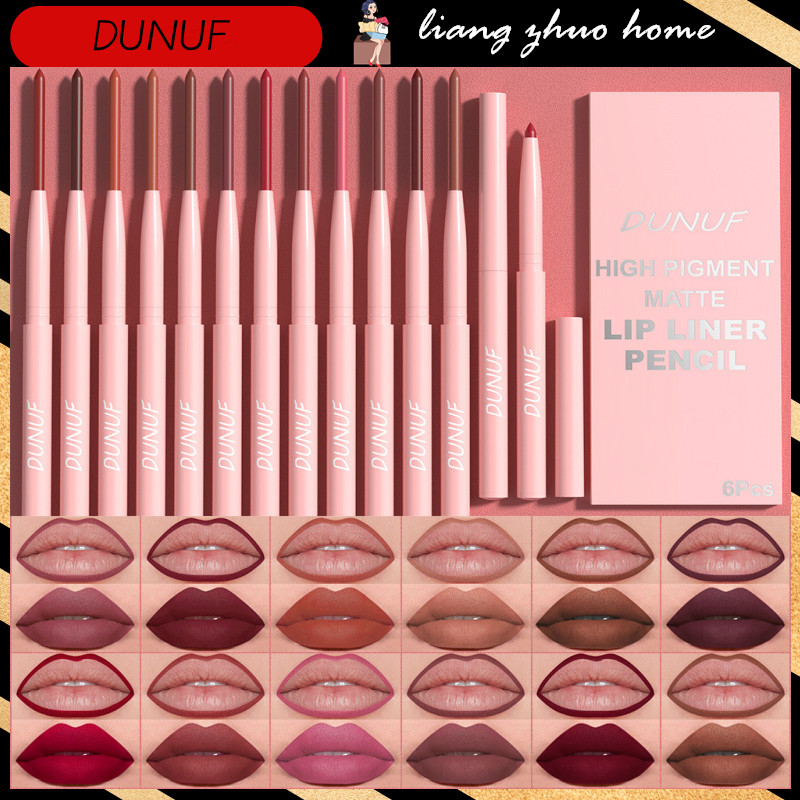 Dunuf 6 ชิ้น/กล่องลิปสติกดินสอชุด Matte Lipliner ปากกาชุดกันน้ําติดทนนาน Non-stick เซ็กซี่ Rose สีแดง Nude สีน้ําตาล Lip Liner แต่งหน้า