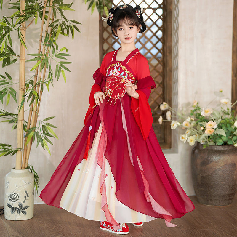 เด็กผู้หญิง Hanfu ฤดูใบไม้ร่วงสไตล์จีนเด็กฤดูใบไม้ผลิฤดูใบไม้ร่วง Tang ชุดเครื่องแต่งกายโบราณ Super Fairy ฤดูใบไม้ร่วงชุดสาวสไตล์โบราณ