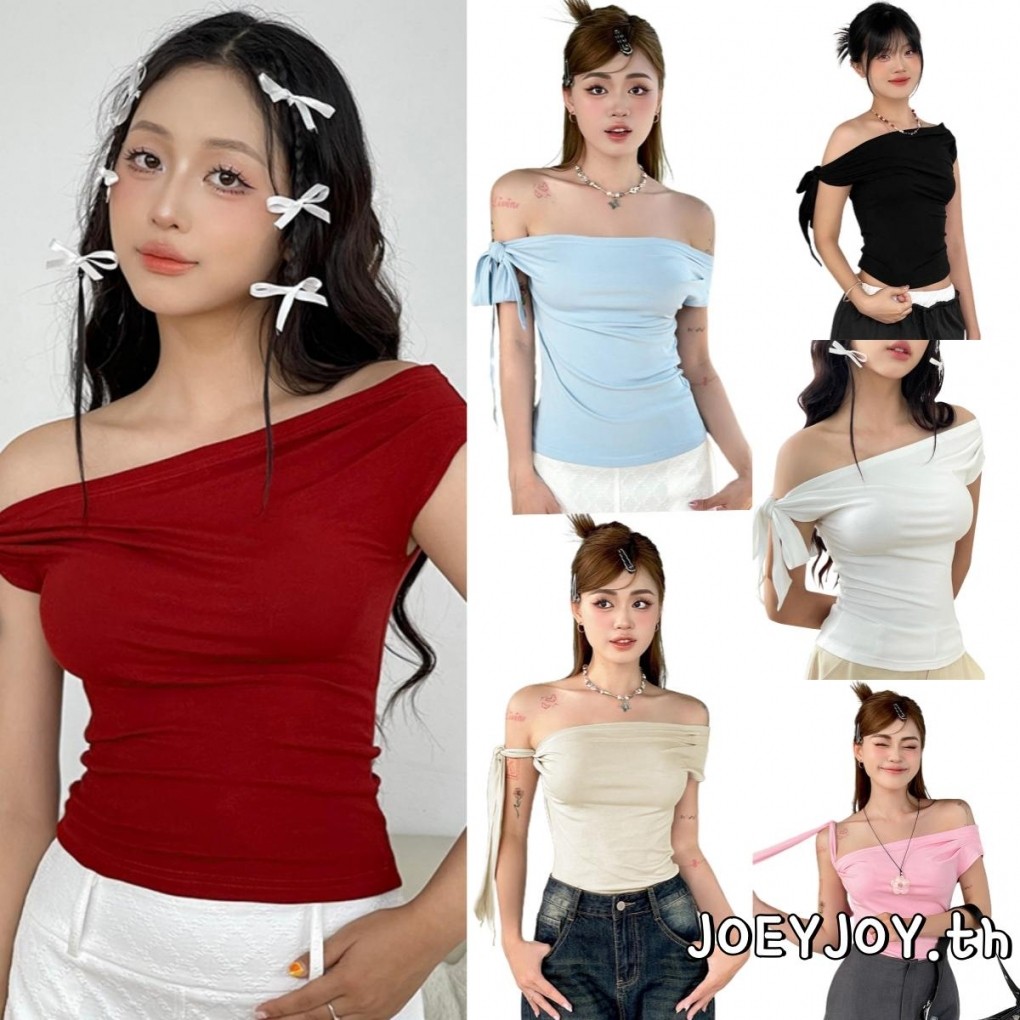 Joeyjoy-เสื้อไหล่เดียวของผู้หญิงฤดูร้อน Ruched Slash Neck Tie-Up เสื้อยืดแขนสั้นครอป - รูปที่ 3