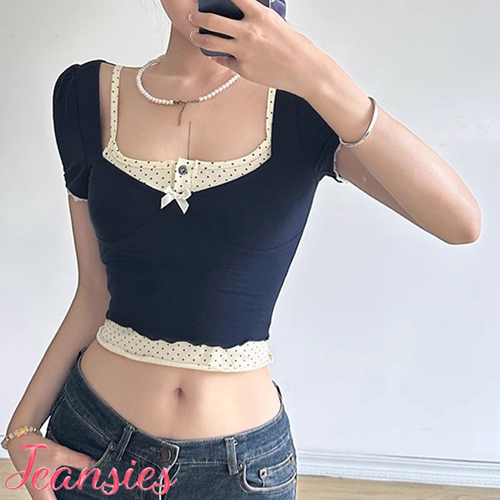 เสื้อยืดลายจุด สองชิ้น ดีไซน์วินเทจ คอเสื้อและโบว์