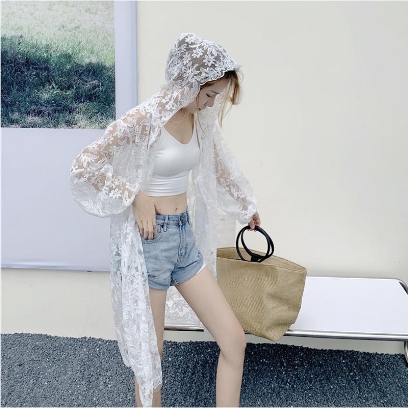 เสื้อแจ็กเก็ตกันแดด ความยาวปานกลาง มีฮู้ด ปักลายลูกไม้ สไตล์เกาหลี แฟชั่นฤดูร้อน สําหรับผู้หญิง