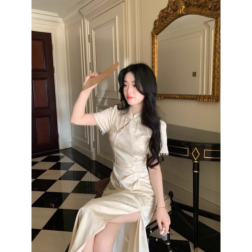 ขายร้อน! F & X ชุดเดรสเซ็กซี่ blovalan แสงเมฆสีครีมสัมผัสใหม่สไตล์จีนชุดกี่เพ้าแบบปรับปรุงสไตล์จีนชุดเดรส jacquard ผ่าสูงแบบเฉียงฤดูใบไม้ผลิและฤดูร้อน